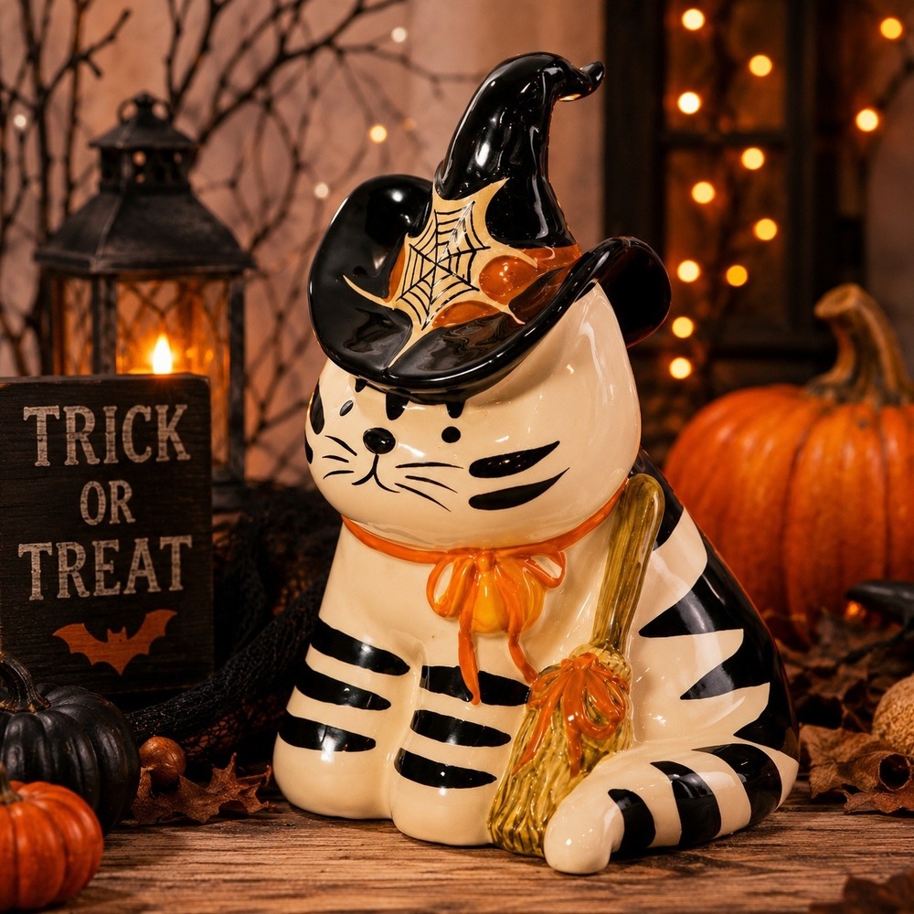 Blue Sky Clayworks Cat with Witch Hat Figurine OS Ceramic White Halloween NEW